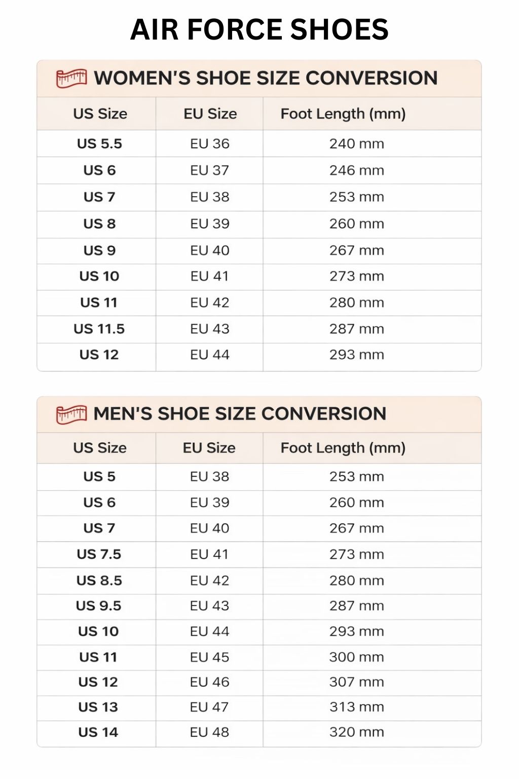 Air Force High Top Shoes Size Chart - Jujutsu Kaisen EU Store