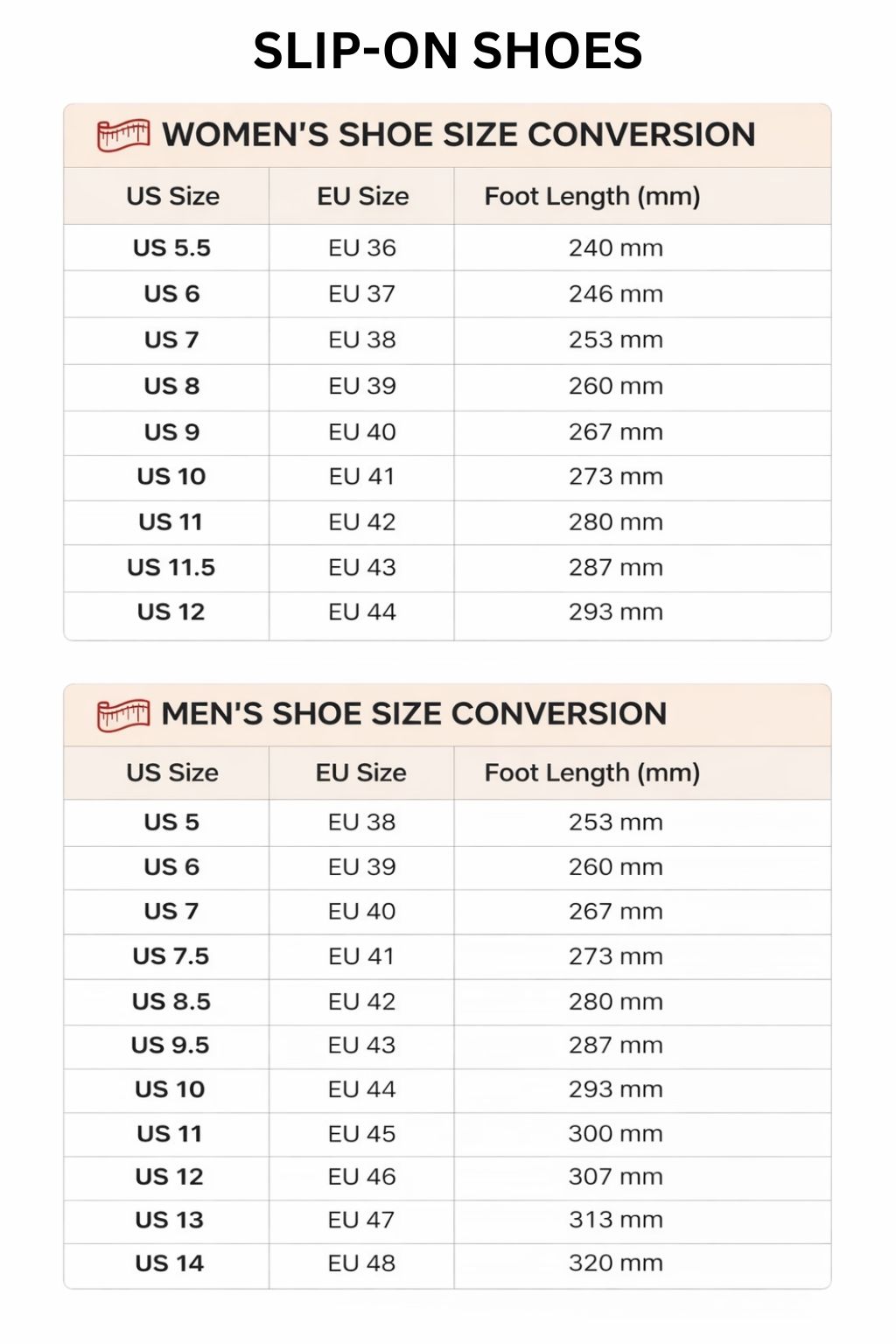 Slip On Shoes Size Chart - Jujutsu Kaisen EU Store